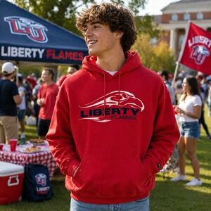 Vintage Jansport Liberty Flames Hoodie Red Spellout Logo Mens L NCAA LU